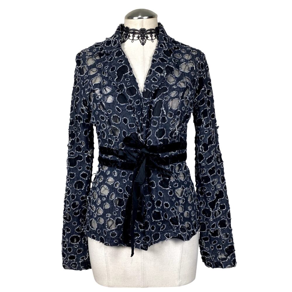Vtg Y2k Sno Skins Semi Sheer Bow Velvet Textured Whimsigoth Grunge Blazer Jacket